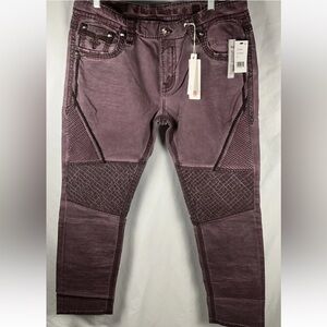 ROCK REVIVAL Moto Jeans Reid Biker Sz 40x 32  Embroidered Burgandy New With Tags